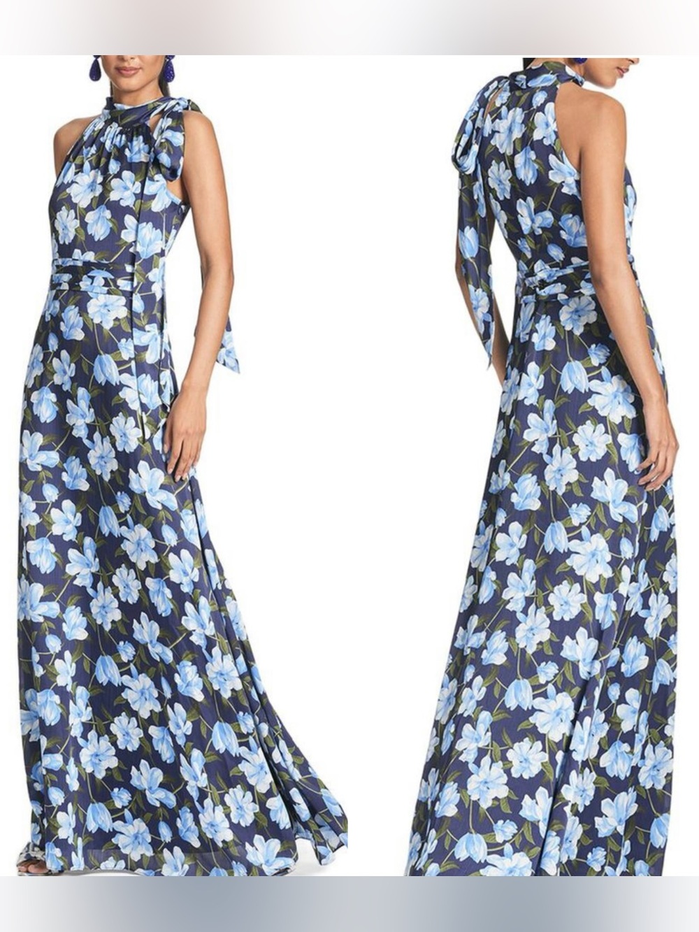 Sachin & Babi Kayla Floral Ocean Blue Magnolia Halter Gown 22W